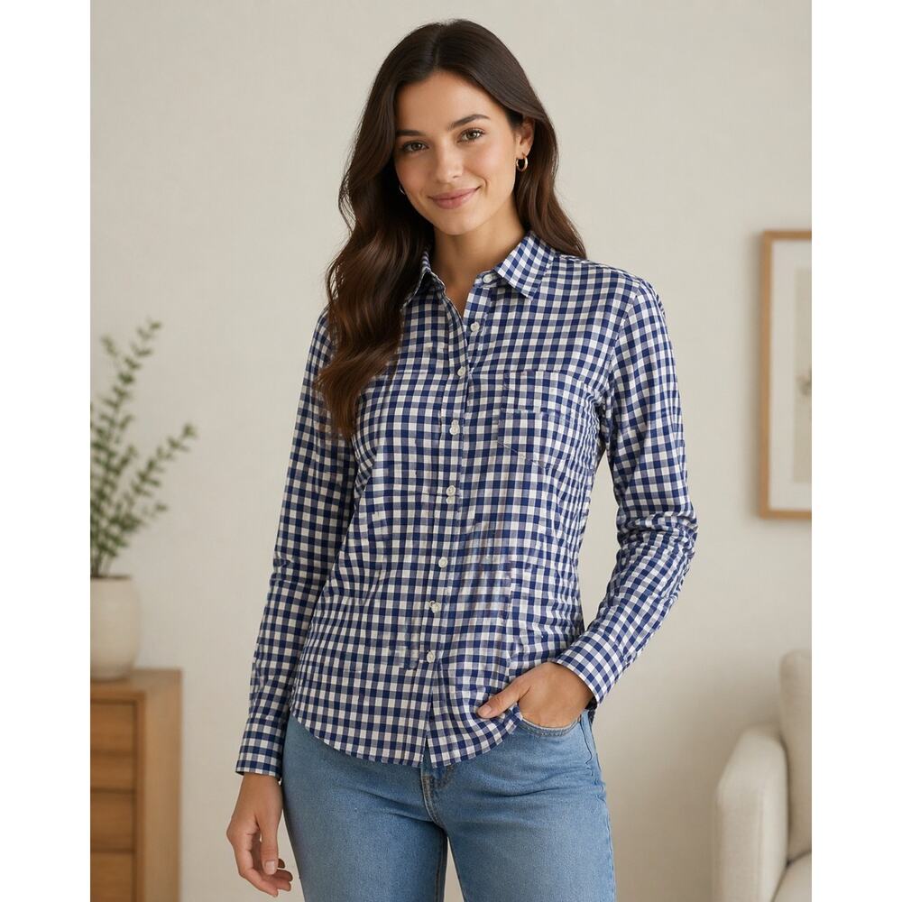 UNTUCKit Belleza Blue & White gingham checkered button down shirt women's size 6